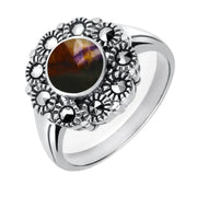 00110868 C W Sellors Sterling Silver Blue John Marcasite Round Centre Beaded Edge Ring. R821.