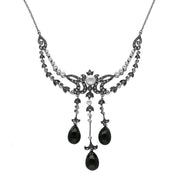 Sterling Silver Whitby Jet Marcasite Pearl Triple Drop Necklace N917