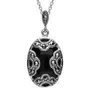 Silver Whitby Jet Marcasite Oval Art Deco Necklace P2125