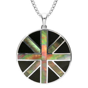 Silver Whitby Jet Mother of Pearl Union Jack Round Pendant Necklace P2223
