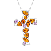 Sterling Silver Amber Amethyst Stone Set Cross Necklace, P1631.