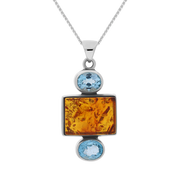 Sterling Silver Amber Blue Topaz Oval Oblong Three Stone Drop Necklace, PUNQ0001109.