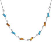Sterling Silver Amber Turquoise Eight Stone Oblong Off Set Necklace N521