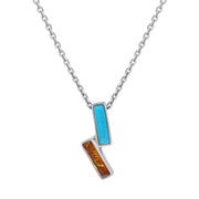 Sterling Silver Amber Turquoise Oblong Two Stone Necklace, P1490.
