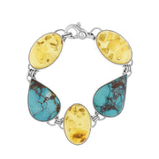 Sterling Silver Amber Turquoise Oval Pear Shaped Five Stone Bracelet, BUNQ0000289.