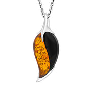 Sterling Silver Amber Whitby Jet Double Stone Leaf Necklace