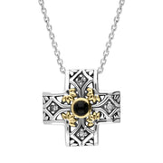 Sterling Silver Whitby Jet Ornate Flower Cross Necklace D GAL045437