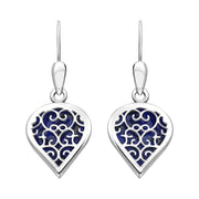 Sterling Silver Lapis Lazuli Flore Filigree Heart Drop Earrings. E2588.