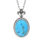 Sterling Silver Turquoise Marcasite Fleur De Lis Topped Oval Necklace, P2215