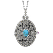 Sterling Silver Turquoise Marcasite Large Oval Flower Edge Locket Necklace, P2221