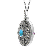 Sterling Silver Turquoise Marcasite Large Oval Flower Edge Locket Necklace
