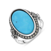 Sterling Silver Turquoise Marcasite Oval Fleur De Lis Ring, R782