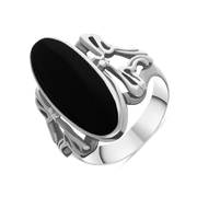 Sterling Silver Whitby Jet  Oval Carved Edge Ring, R110.