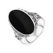 Sterling Silver Whitby Jet Oval Carved Side Ring R104.