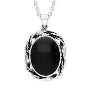 Sterling Silver Whitby Jet Oval Rope Twist Edge Necklace Punq0007699