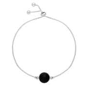 Sterling Silver Whitby Jet Round Stone Adjustable Chain Bracelet, B1126.